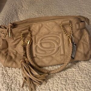 Bebe.  Quilted Beige Leather Tassel Shoulder Bag